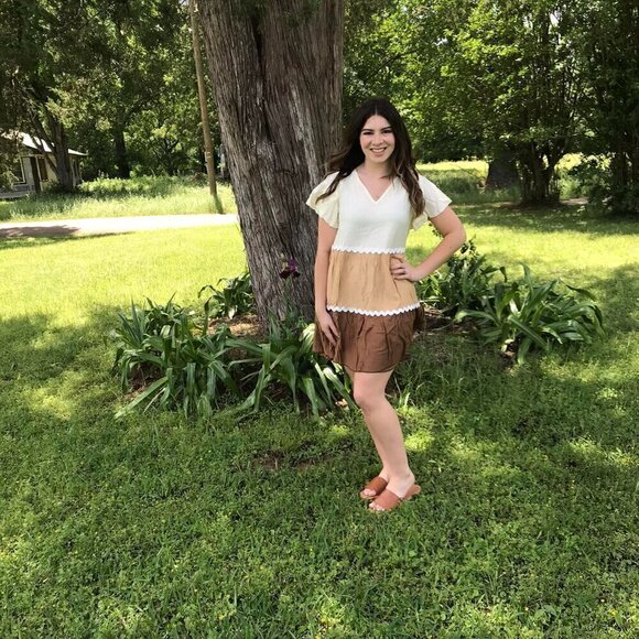 Mini Dress Brown Cream Color Block Tiered with Rick Rack Details - Picture 3 of 4